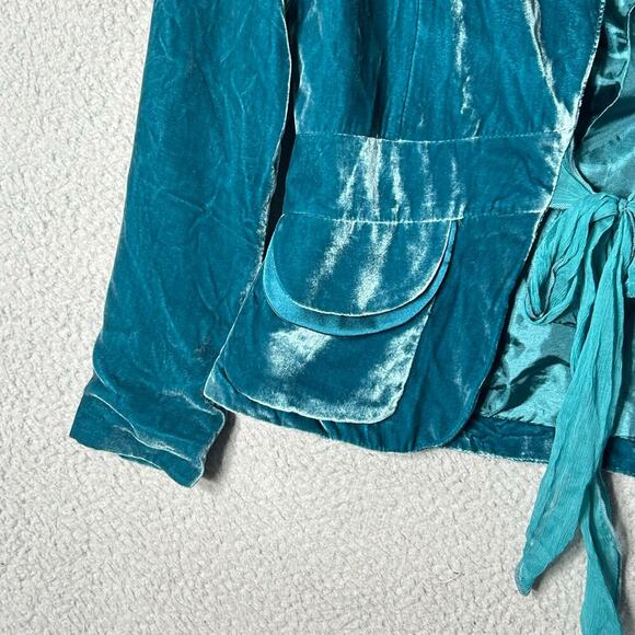 Moon Blazer Womens S Turquoise 100% Silk Velvet Tie Front Formal Blazer - Picture 9 of 12